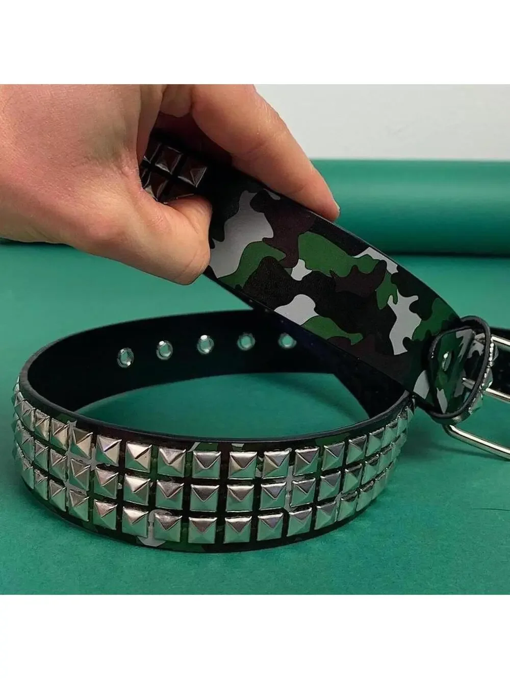 Vintage y2k 2000s Punk Style green camoDiamond Studded black essential belt